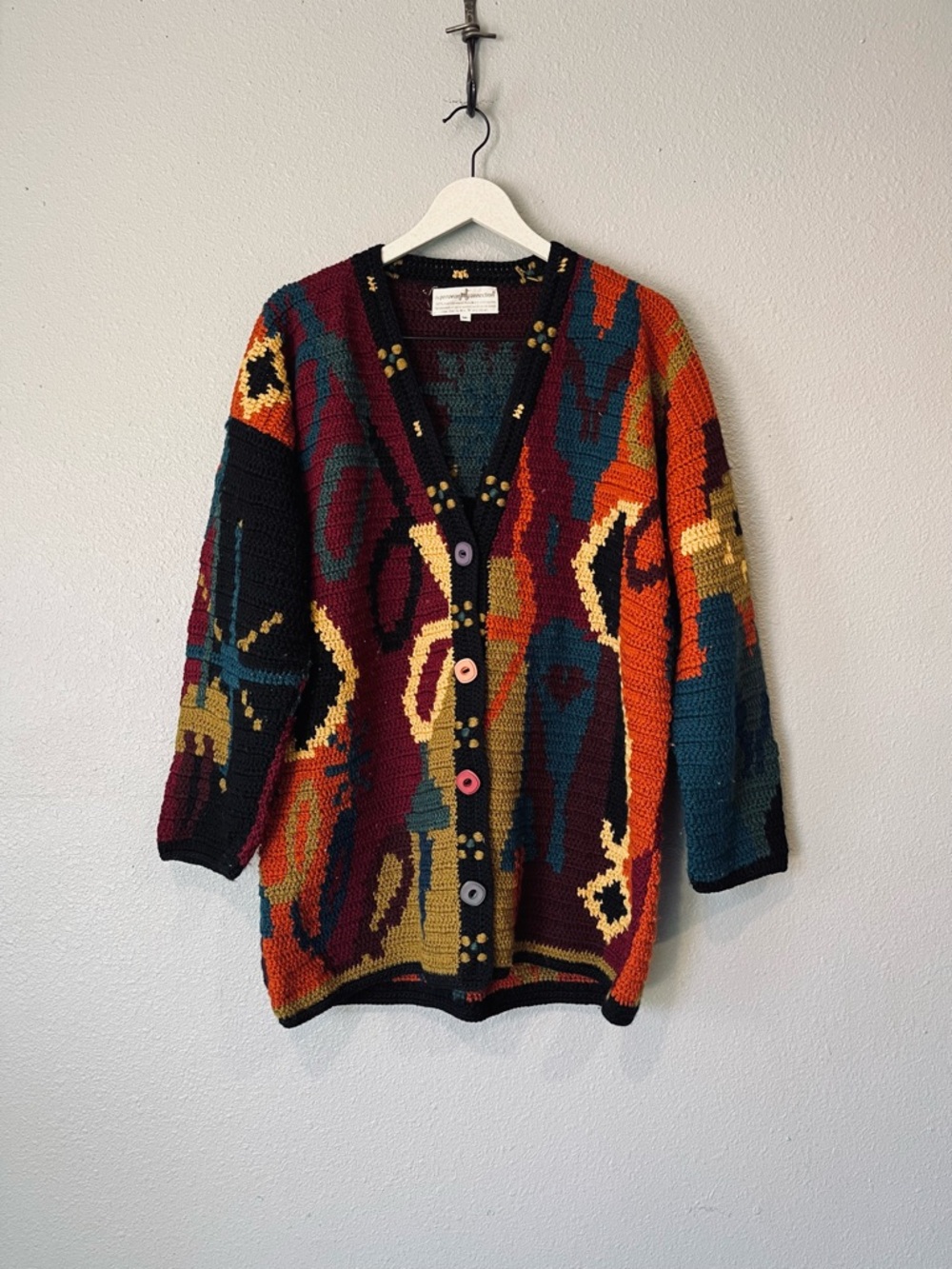 Peruvian Connection 100% Wool Vintage Rare Oversized Chunky Colorful Cardigan